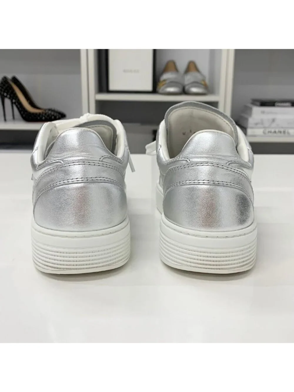 Chanel CC Logo Perforated Leather Sneakers Silver